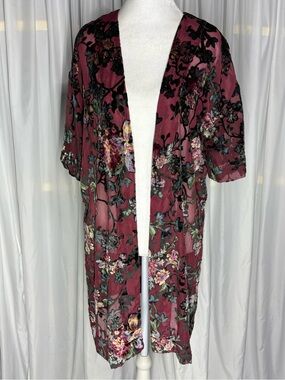 Arizona Jean Co Kimono Cardigan XS/S Maroon Velvet Burnout Floral Open Front
